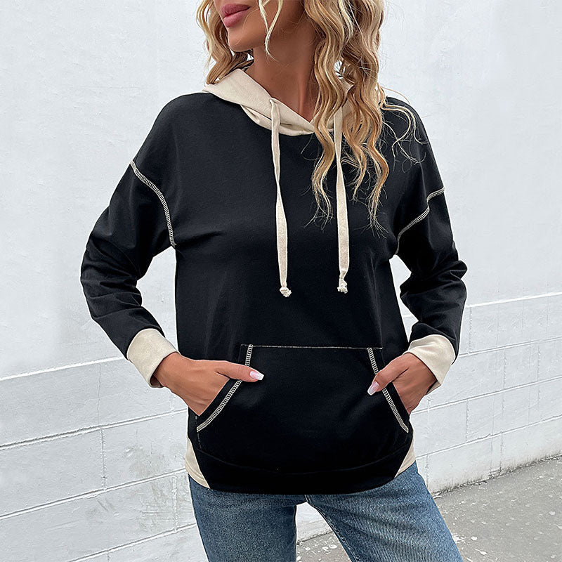 Damen Kapuzenpullover mit Taschen Kontrastärmel Grau
