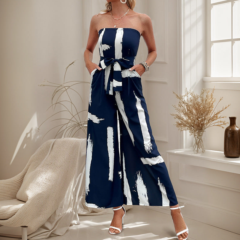 Damen Jumpsuit Schulterfrei Weites Bein Bindegürtel Eveloria - Eveloria
