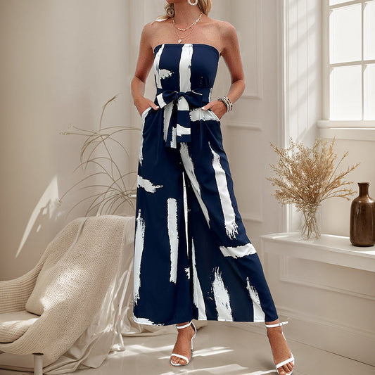 Damen Jumpsuit Schulterfrei Weites Bein Bindegürtel Eveloria - Eveloria