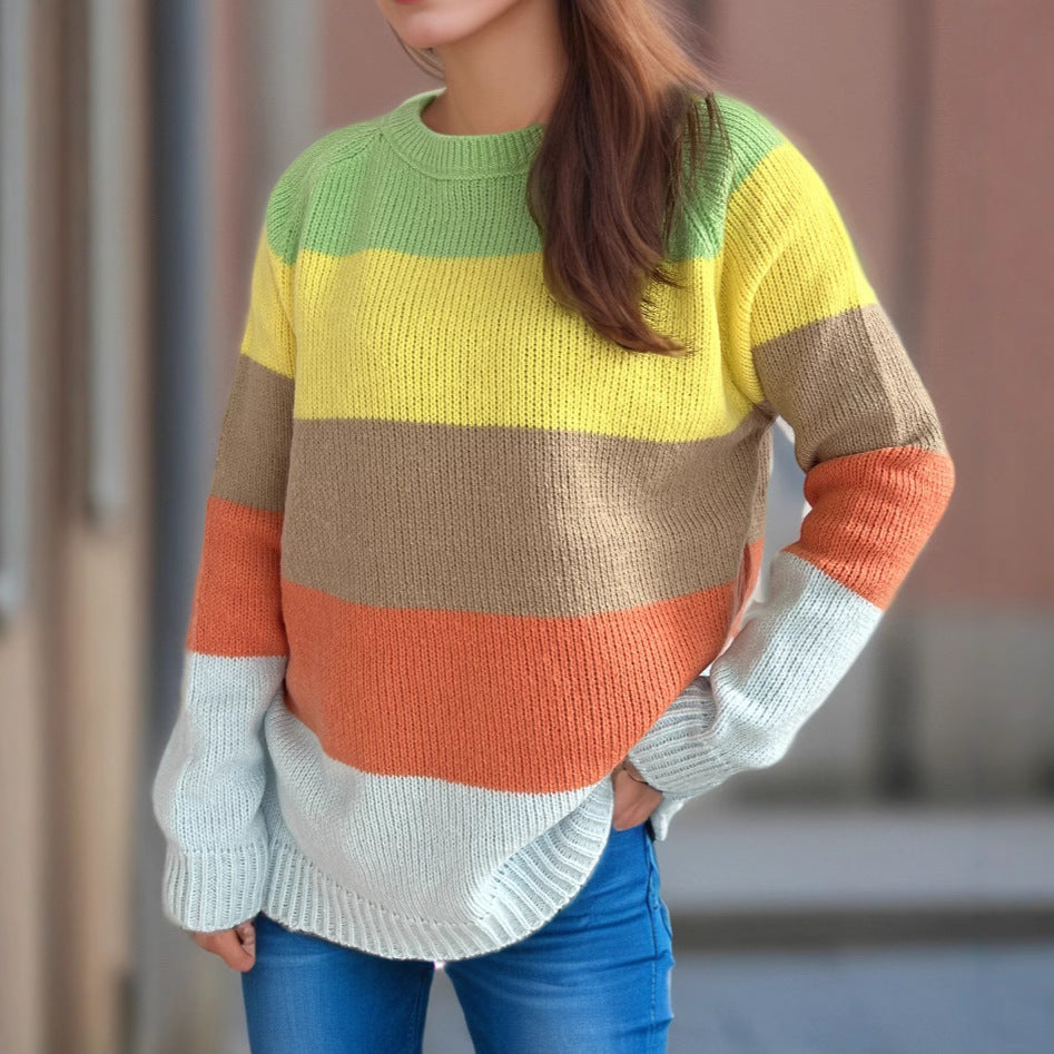 Damen Strickpullover Gestreift Bunt Lässig