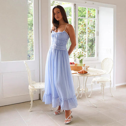 Damen Maxikleid Luftig Rüschendetails Verstellbar
