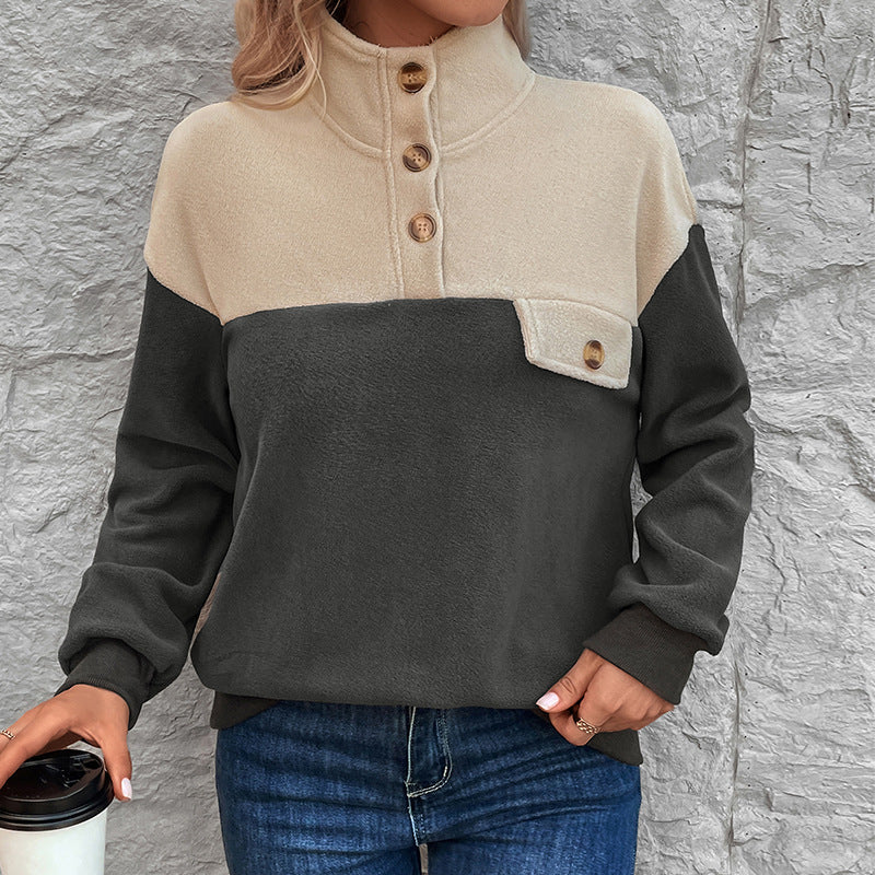 Damen Fleecepullover mit Knöpfen und Taschen Grau - Eveloria