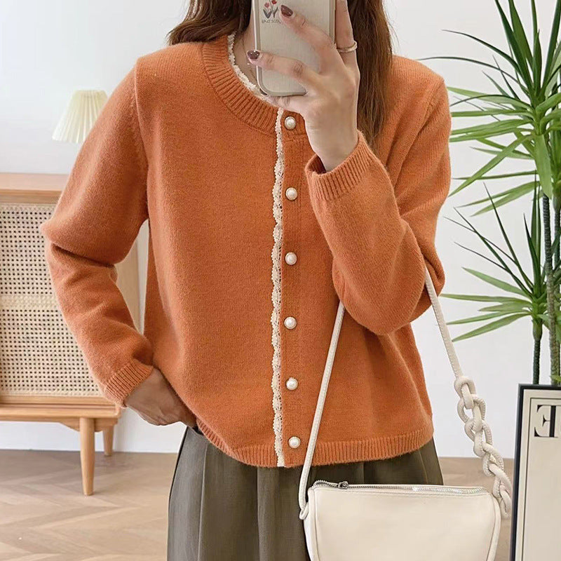 Damen Strickjacke Spitze Perlenknöpfe Eveloria