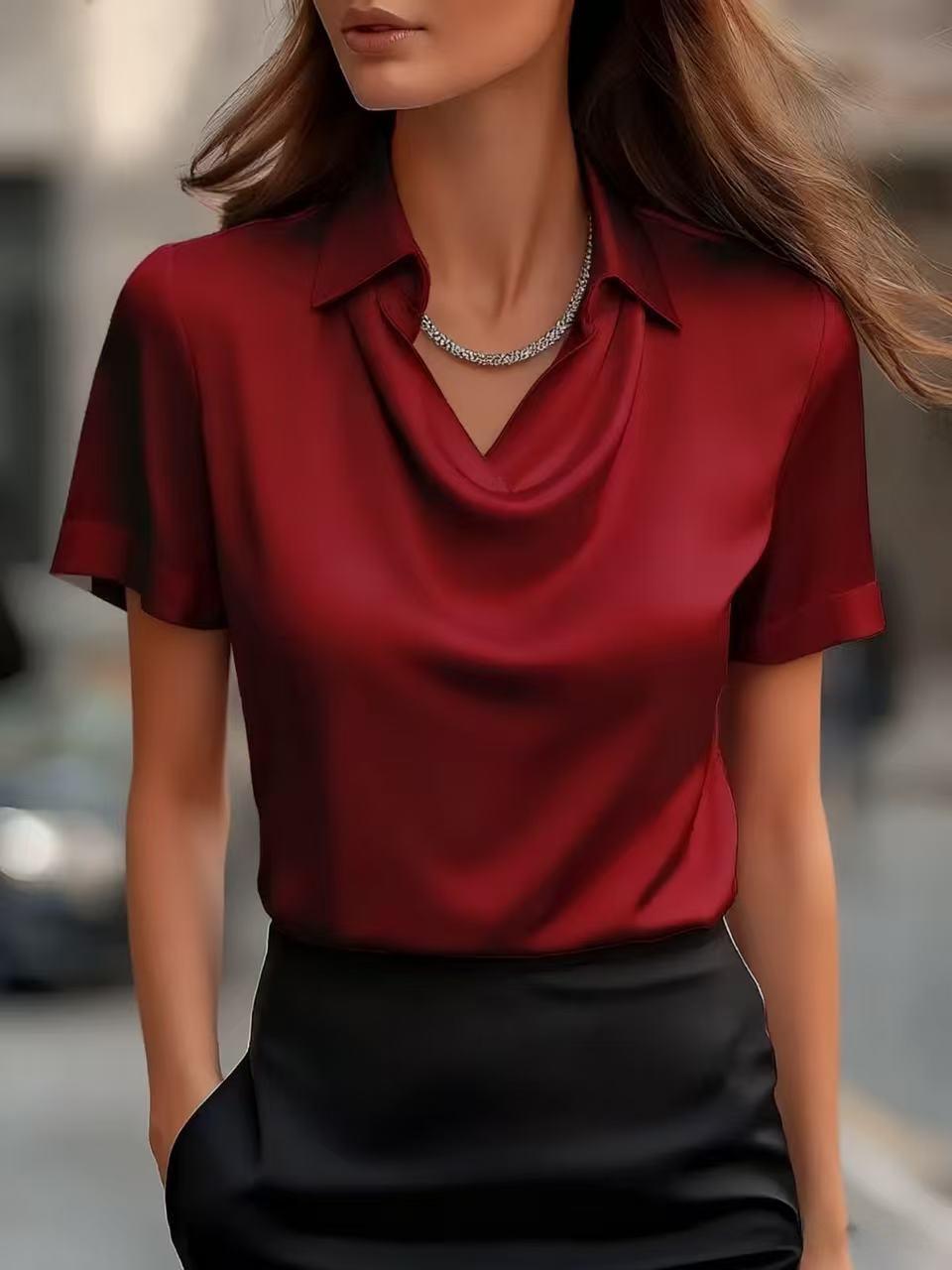 Damen Satinbluse Weich Eleganter Kragen Eveloria