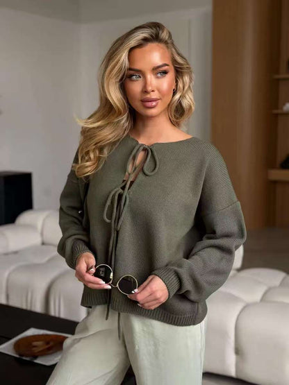 Damen Strickpullover Lässig Schnürdetails Beige