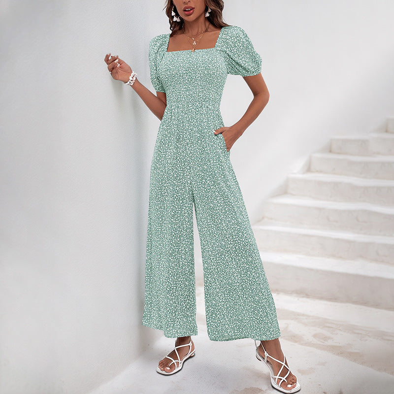 Damen Jumpsuit Elastischer Bund Puffärmel Eveloria