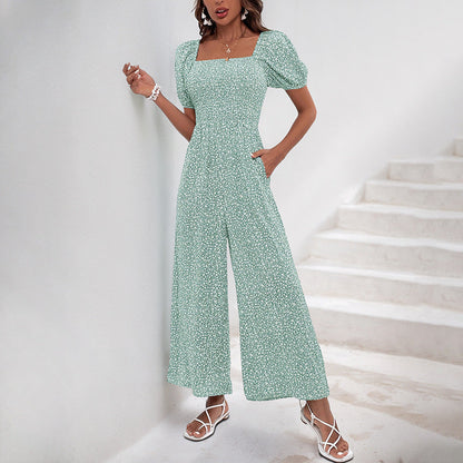 Damen Jumpsuit Elastischer Bund Puffärmel Eveloria