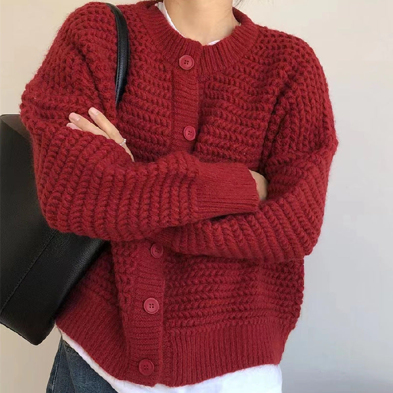 Damen Strickjacke Kuschelig Zopfmuster Große Knöpfe Beige