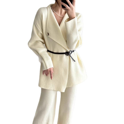 Damen Blazer Tailliert Gürtel Feine Textur Eveloria