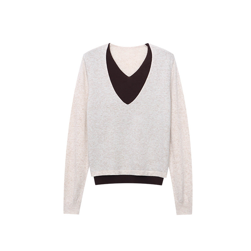 Damen Pullover V-Ausschnitt Weiches Material Rippstruktur Beige