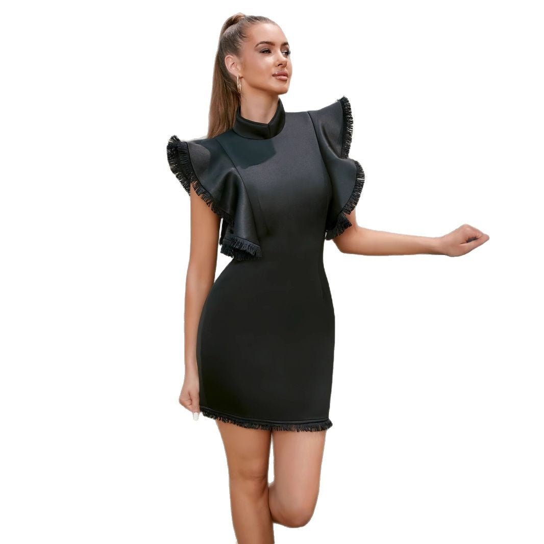 Damen Mini-Kleid Figurbetont Rüschendetails Schmuck-Element