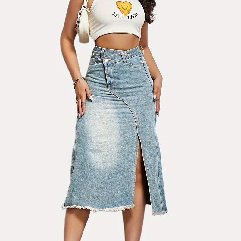 Damen Denim-Rock Asymmetrischer Schlitz Fransiger Saum Länglich - Eveloria