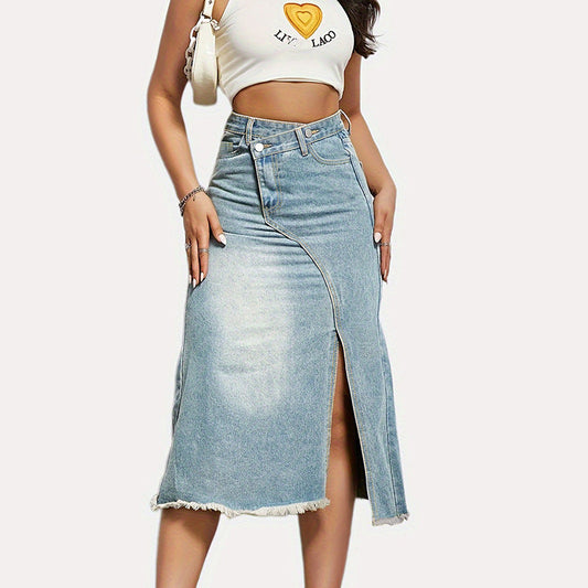 Damen Denim-Rock Asymmetrischer Schlitz Fransiger Saum Länglich - Eveloria