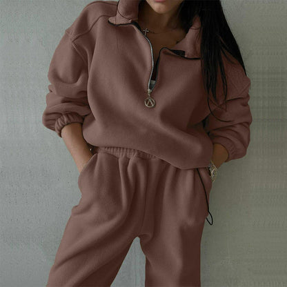 Damen Fleece-Loungewear-Set Elastisch Halbzippverschluss Grau