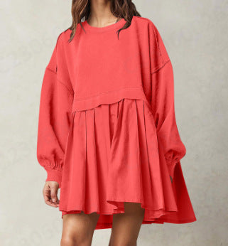 Damen Oversized Sweatshirtkleid Plissee-Rock Rundhals Bischofsärmel