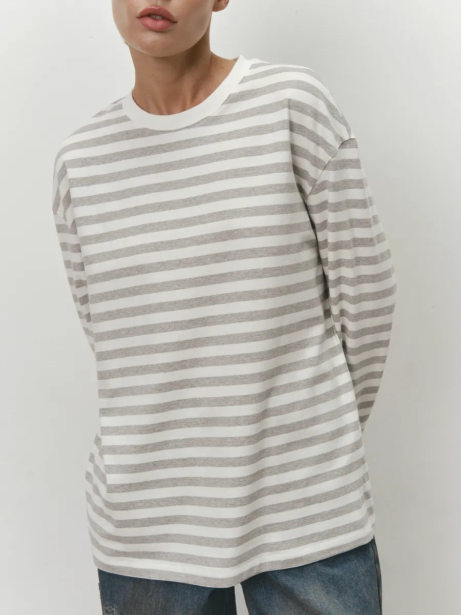 Damen Langarm T-Shirt Streifen Weiss