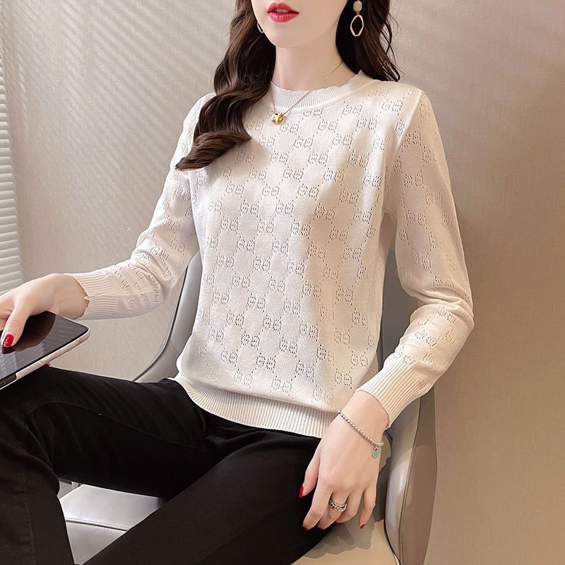 Damen Strickpullover Elegantes Lochmuster Weiss