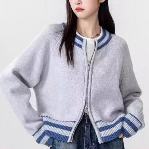 Damen Strickcardigan Reißverschluss Sportliches Streifenmuster Schwarz - Eveloria