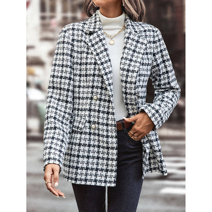 Damen Blazerjacke Kariert Doppelter Knopfleiste Lässiger Schnitt