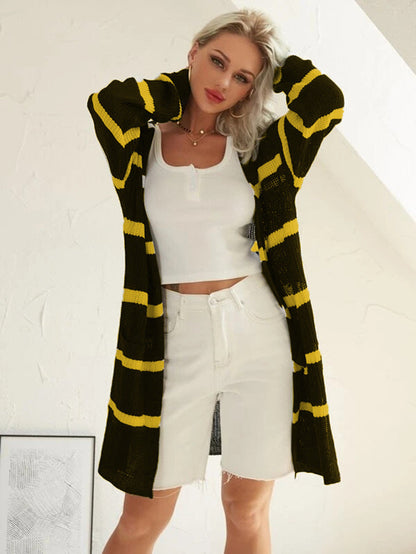 Damen Cardigan Lang Streifen Strick Weiß