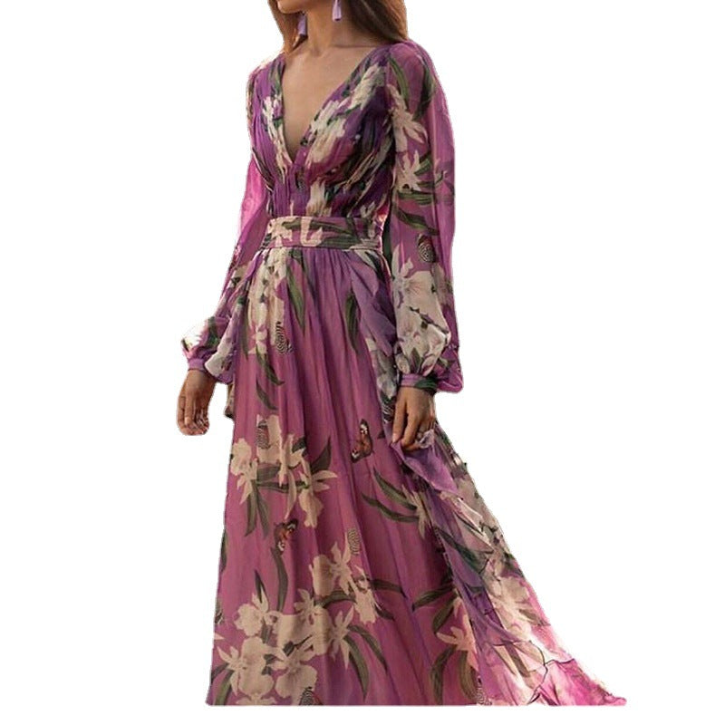 Damen Maxi-Kleid Florales Muster Voluminöse Ärmel Eveloria