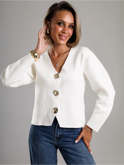 Damen Strickjacke V-Ausschnitt Goldknöpfe Eveloria