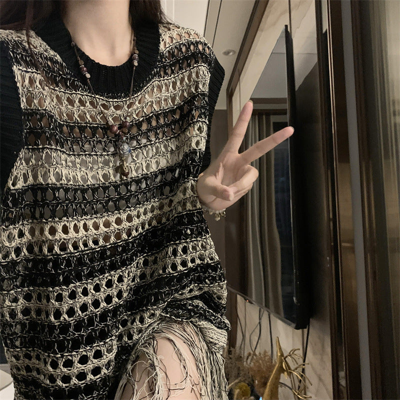 Damen Häkelkleid mit Fransen Modernes Design Luftig Weiß