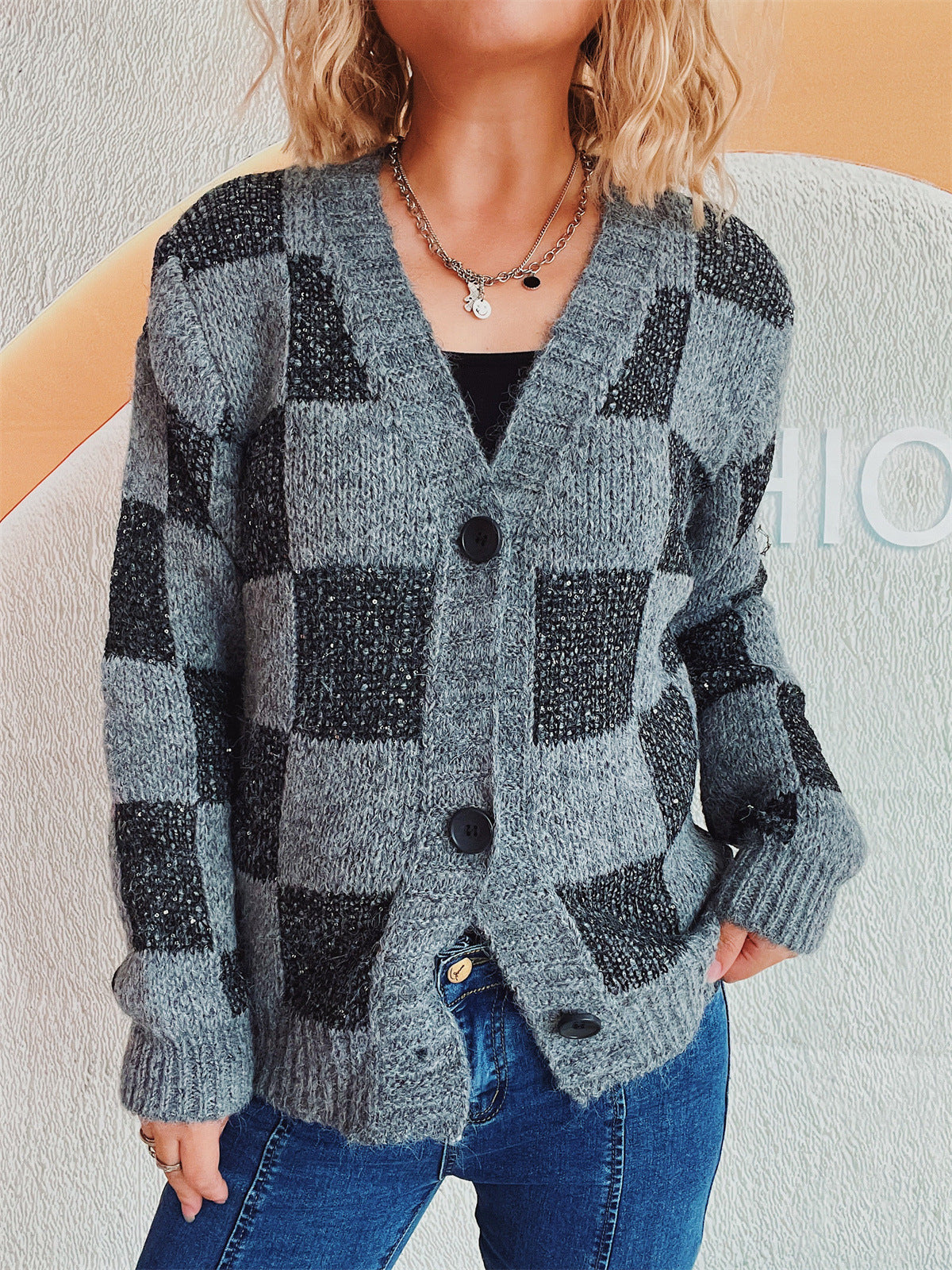 Damen Strickjacke Karomuster Weich Eveloria