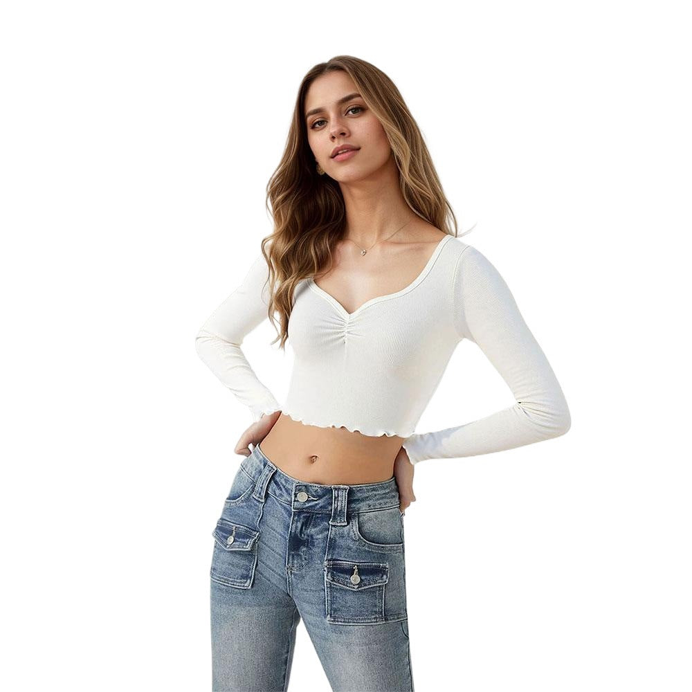 Damen Cropped Langarmshirt Rüschensaum