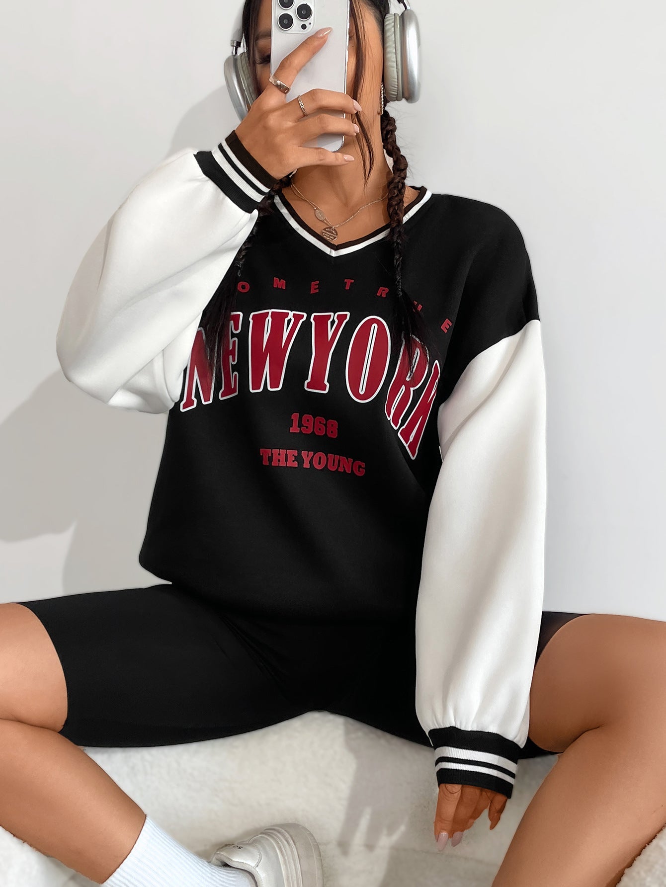 Damen Sweatshirt V-Ausschnitt Sportlich Grau Eveloria - Eveloria