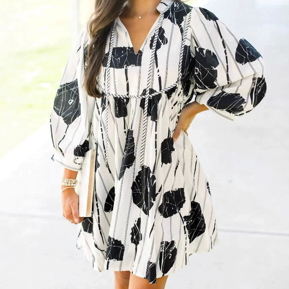 Damen Sommerkleid V-Ausschnitt stilvolles Print Minikleid