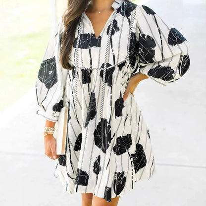 Damen Sommerkleid V-Ausschnitt stilvolles Print Minikleid