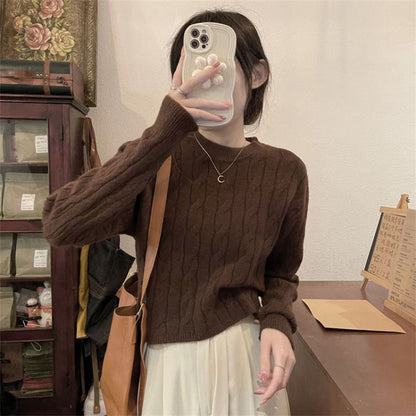 Damen Grobstrickpullover Strukturiertes Zopfmuster Lässig Beige