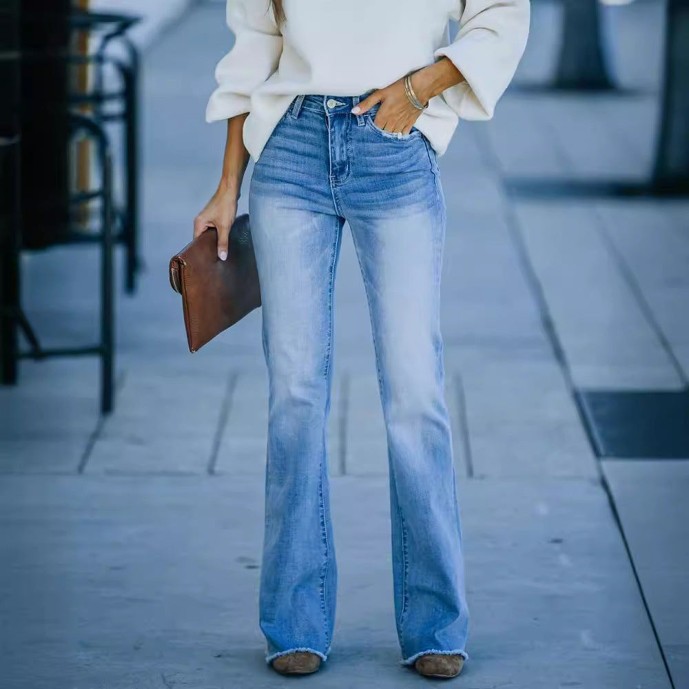 Damen Bootcut Jeans Hochbund Weit Fransen Eveloria