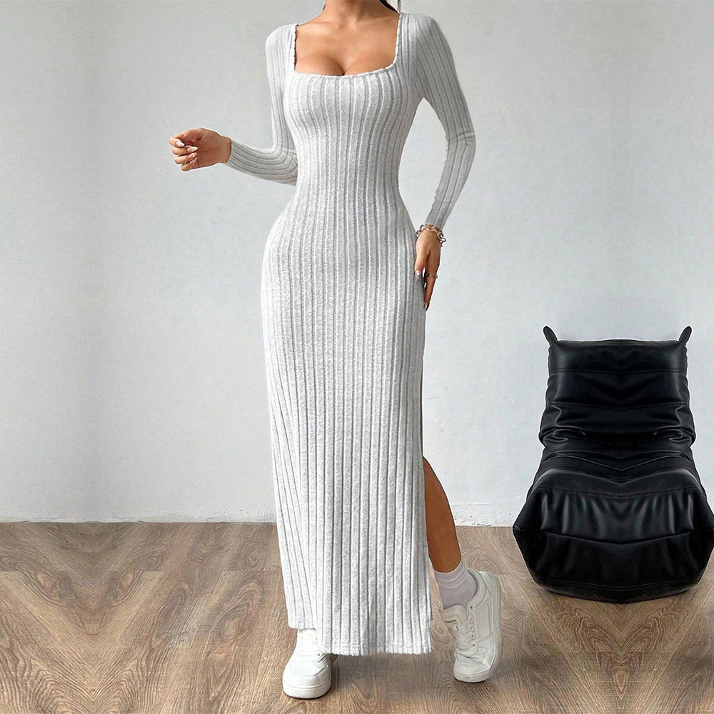 Damen Maxi-Kleid Rippenstrick Schlitz Eveloria