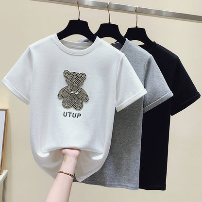 Damen T-Shirt mit Glitzerbärenmotiv Lässiger Schnitt