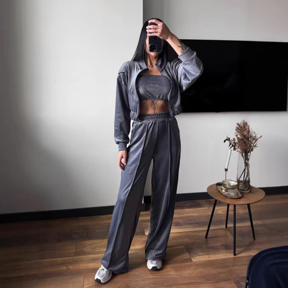 Damen Velours-Loungewear-Set Cropped Jacke Weite Hose Eveloria