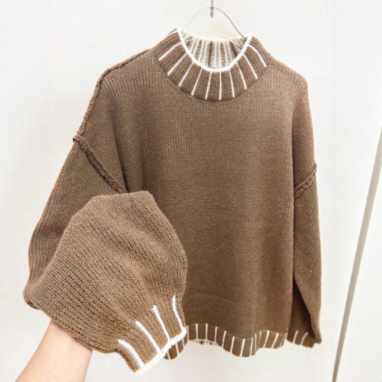 Damen Strickpullover Hohler Kragen Anpassbare Ärmel Grau Eveloria