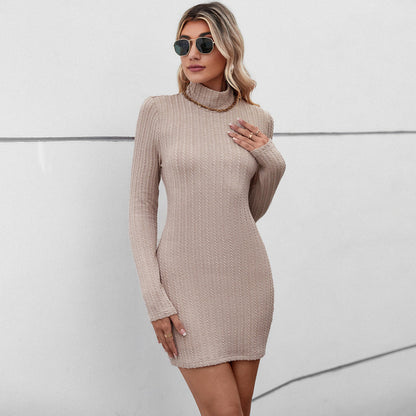 Damen Langarmkleid Stehkragen Rippstruktur Eveloria