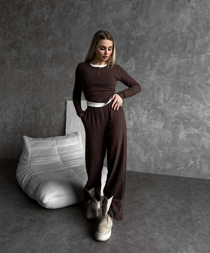 Damen Zwei-teiliges Outfit mit Kragen und weiten Hosen