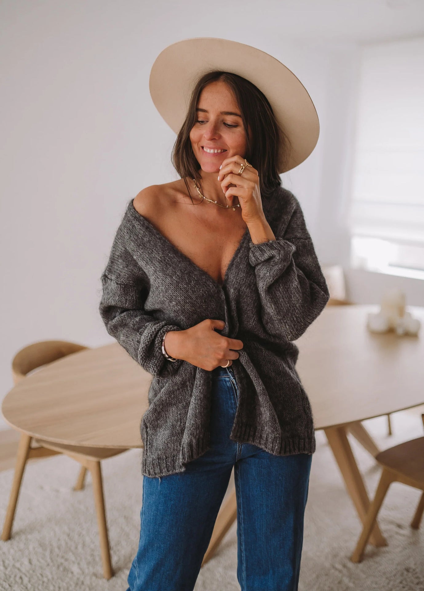 Damen Oversized-Pullover Weich V-Ausschnitt Beige