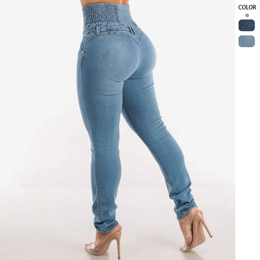 Damen High-Waist Jeanshose Elastisch Dekorativer Knopfverschluss - Eveloria