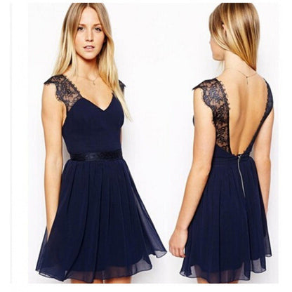 Damen Chiffon-Kleid V-Ausschnitt Spitzenverzierung Elegantes