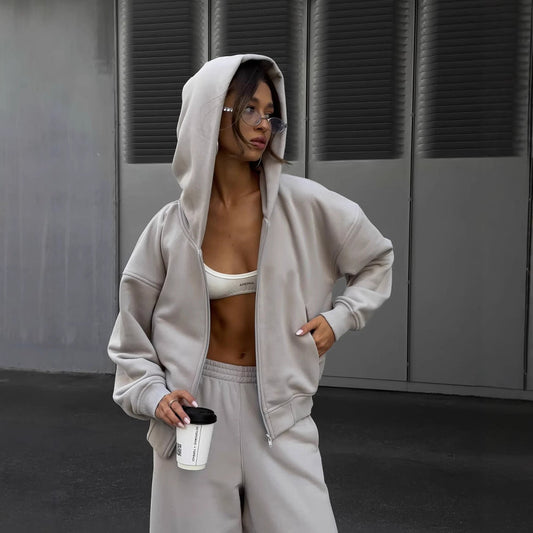 Damen Oversized Hoodie Sweatpants Set Baumwolle Beige - Eveloria