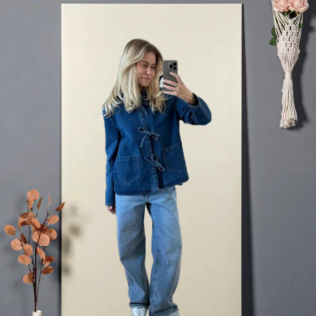 Damen Jeansjacke Dekorativen Schleifen Praktische Taschen Blau