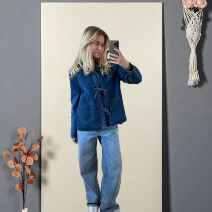 Damen Jeansjacke Dekorativen Schleifen Praktische Taschen Blau