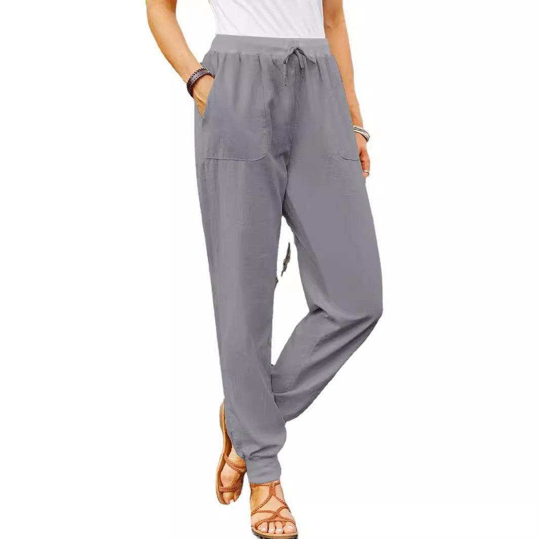 Damen Leinenhose Verstellbarer Bund Praktische Taschen Beige