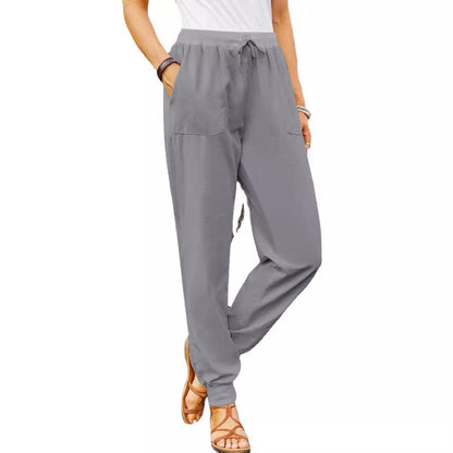 Damen Leinenhose Verstellbarer Bund Praktische Taschen Beige