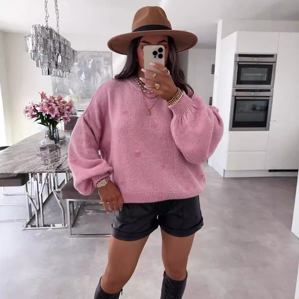 Damen Strickpullover Weitem Schnitt Herzmotiv Kuschelig Rosa - Eveloria