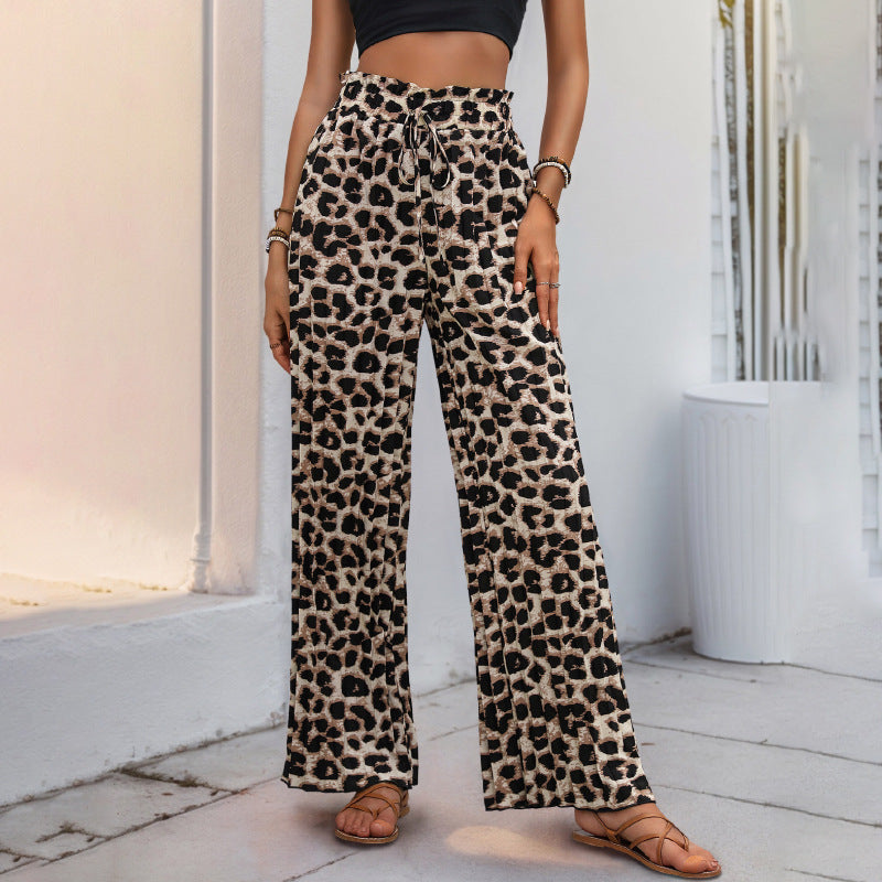 Damen Leinenhose Weit Geschnitten Elastischer Bund Leopardenmuster